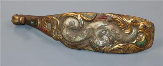 A Chinese gilt bronze and hardstone mounted belt hook, Han Dynasty style